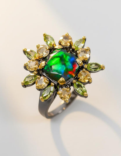 925 Sterling Silver Black Opal Halo Ring