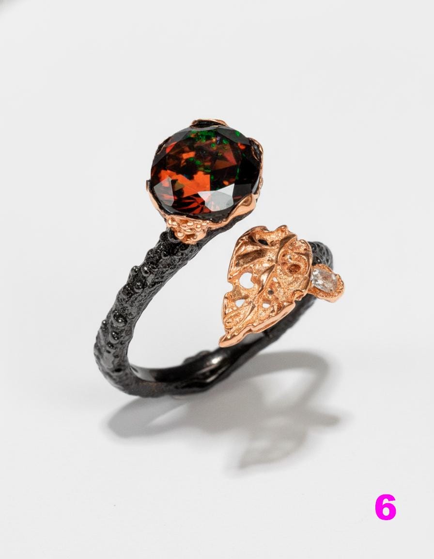 925 Sterling Silver Black Opal Leaf Ring