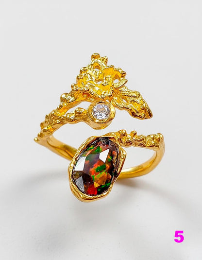 925 Sterling Silver Black Opal Leaf Ring