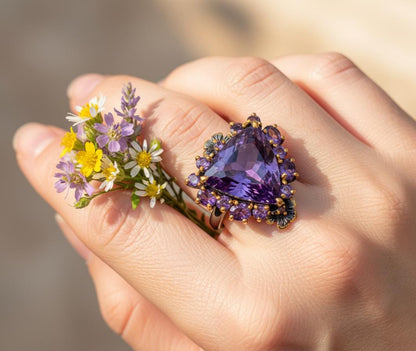925 Sterling Silver Amethyst Trilliant Cut Nature Ring
