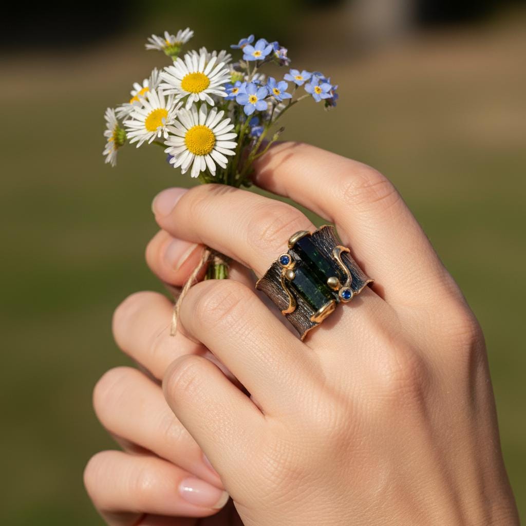 925 Sterling Silver Raw Green Black Tourmaline Bar Ring