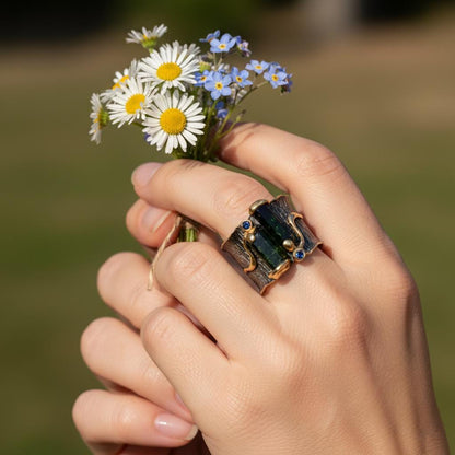 925 Sterling Silver Raw Green Black Tourmaline Bar Ring