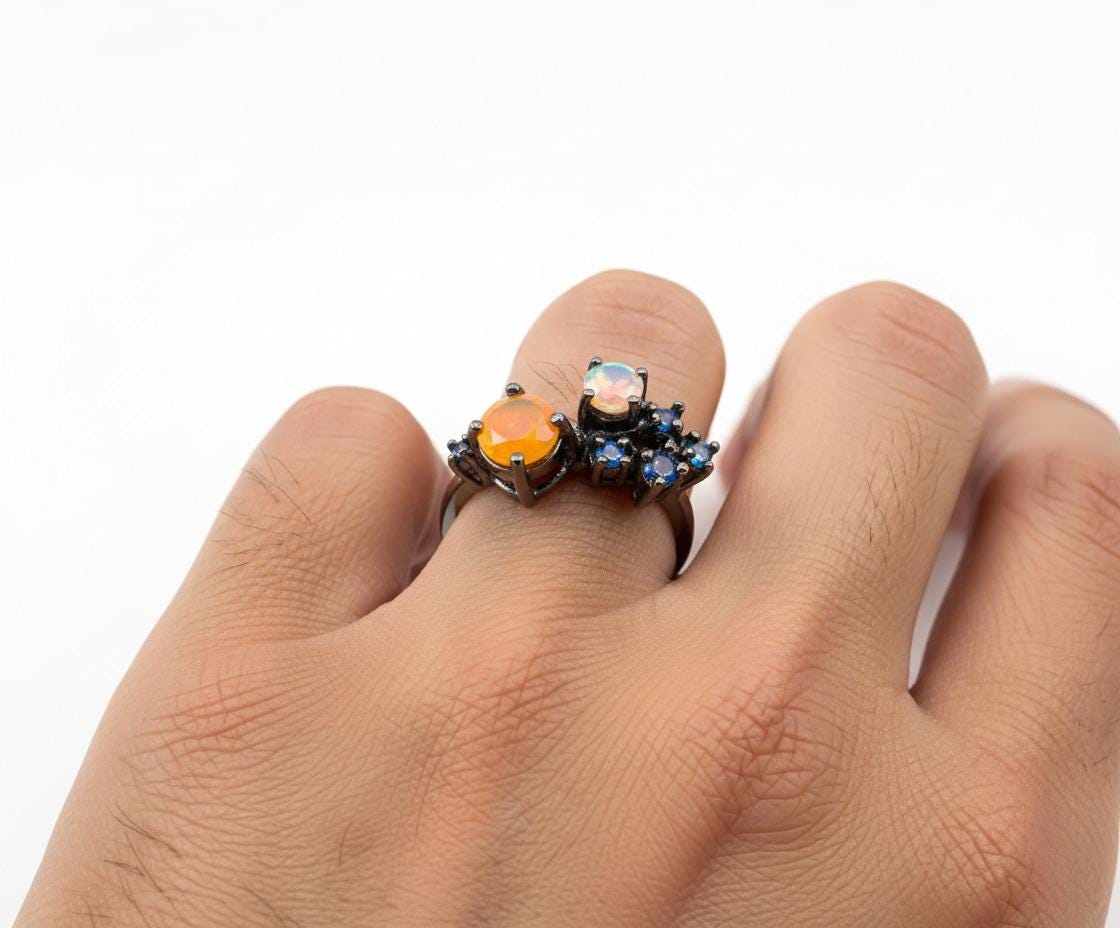 925 Sterling Silver Opal Gemstone Cluster Ring
