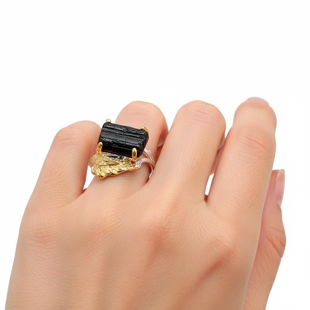 925 sterling silver black tourmaline leaf ring