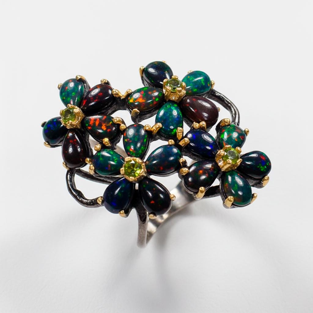 925 Sterling Silver Black Opal Floral Ring