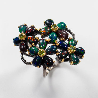 925 Sterling Silver Black Opal Floral Ring