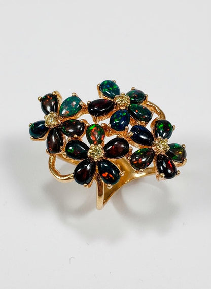 925 Sterling Silver Black Opal Floral Ring