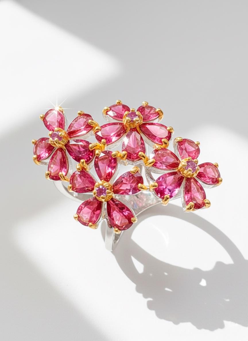 925 Sterling Silver Pink Rhodolite Flower Ring