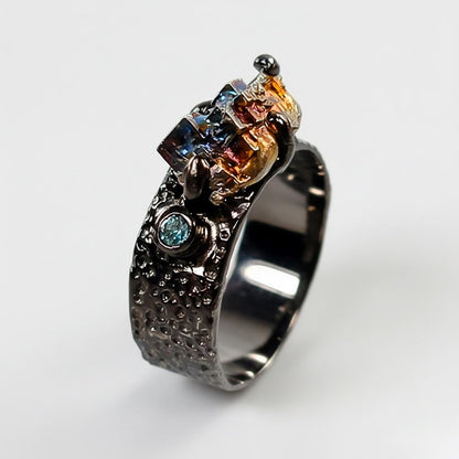 925 Sterling Silver Raw Bismuth Black Band Ring