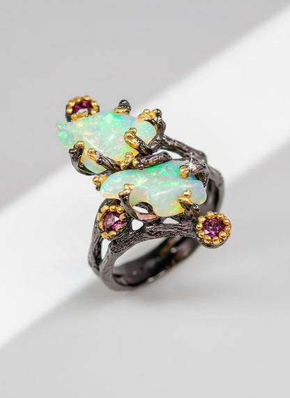 925 Sterling Silver Raw Fire Opal Branch Ring