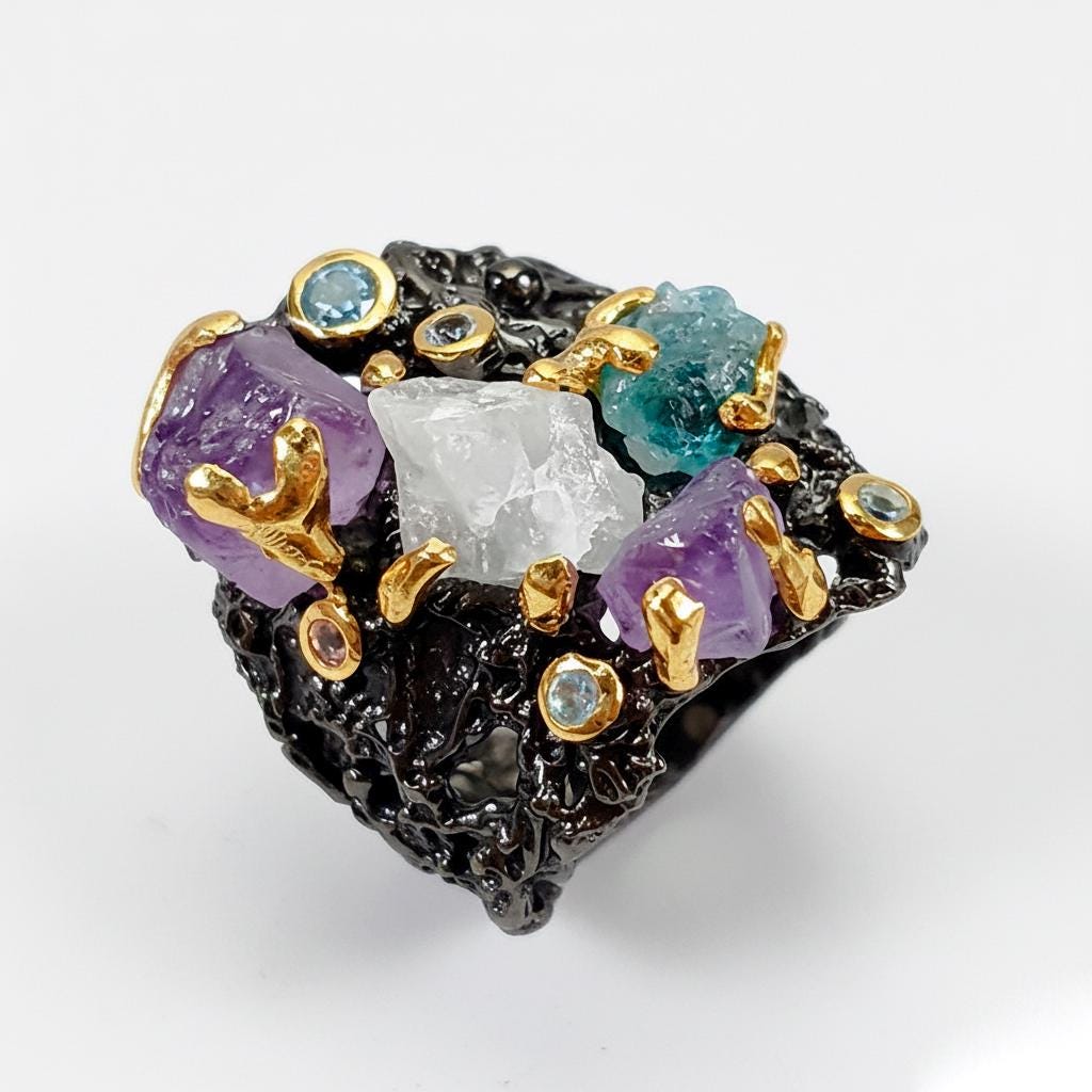 925 Sterling Silver Raw Amethyst Wide Band Ring