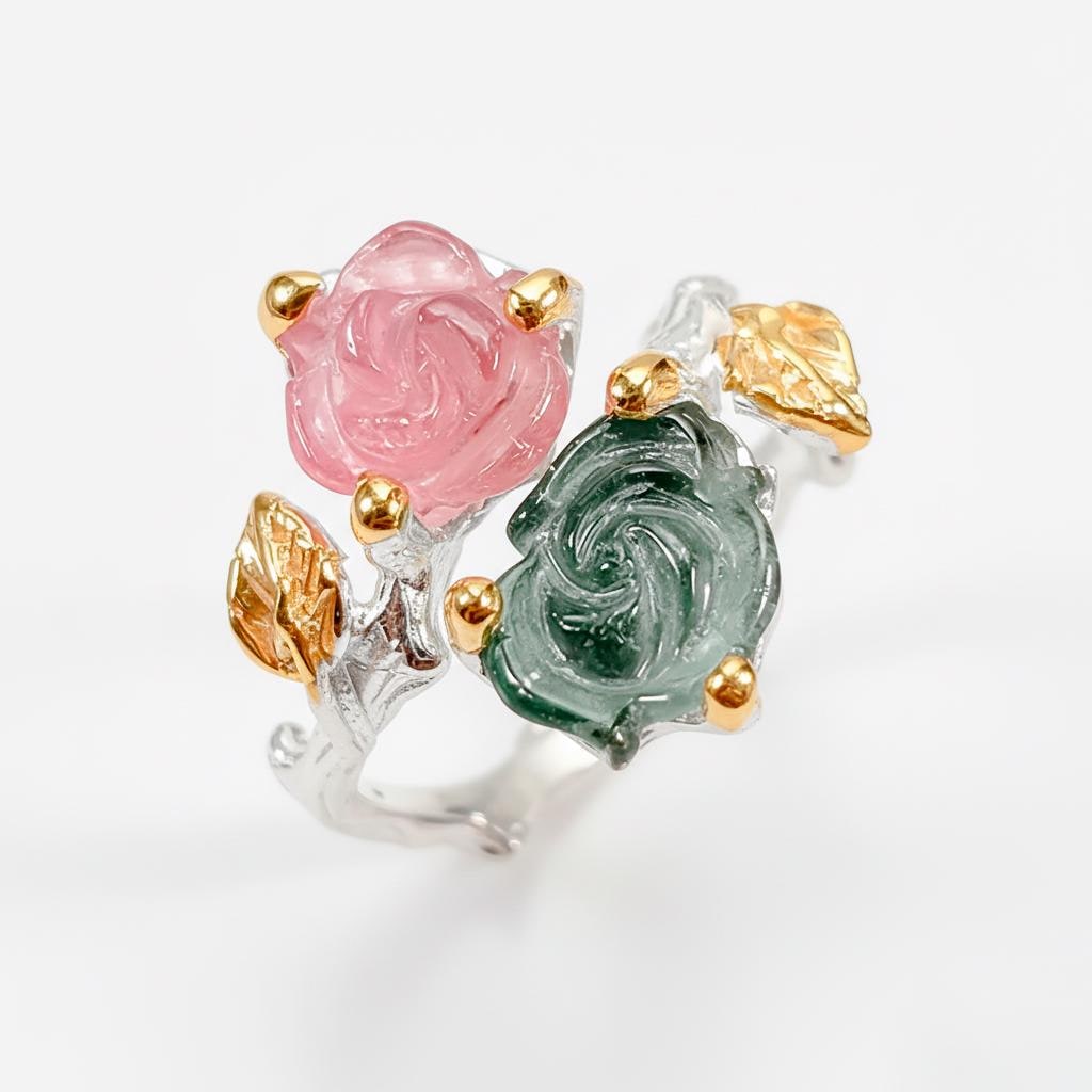 925 Sterling Silver Pink Green Tourmaline Ring, setting detail