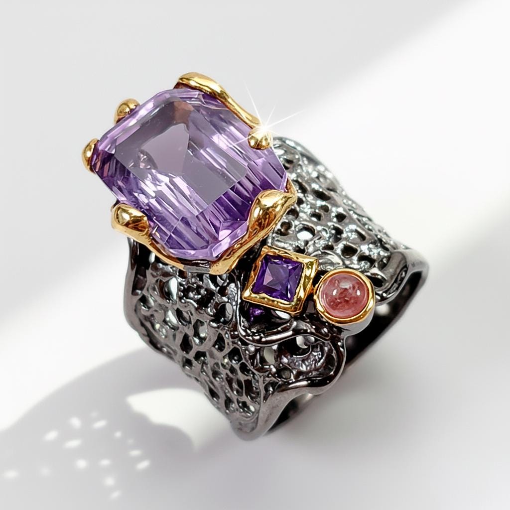 925 Sterling Silver Amethyst Chunky Wide Ring