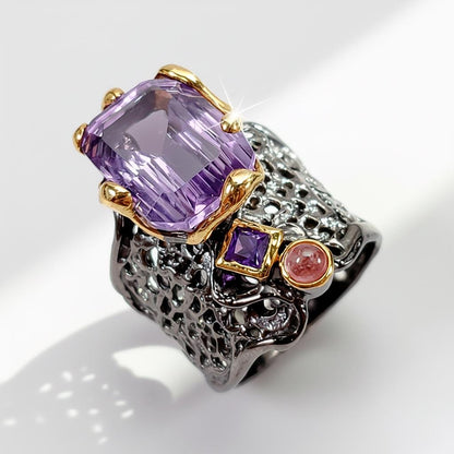925 Sterling Silver Amethyst Chunky Wide Ring