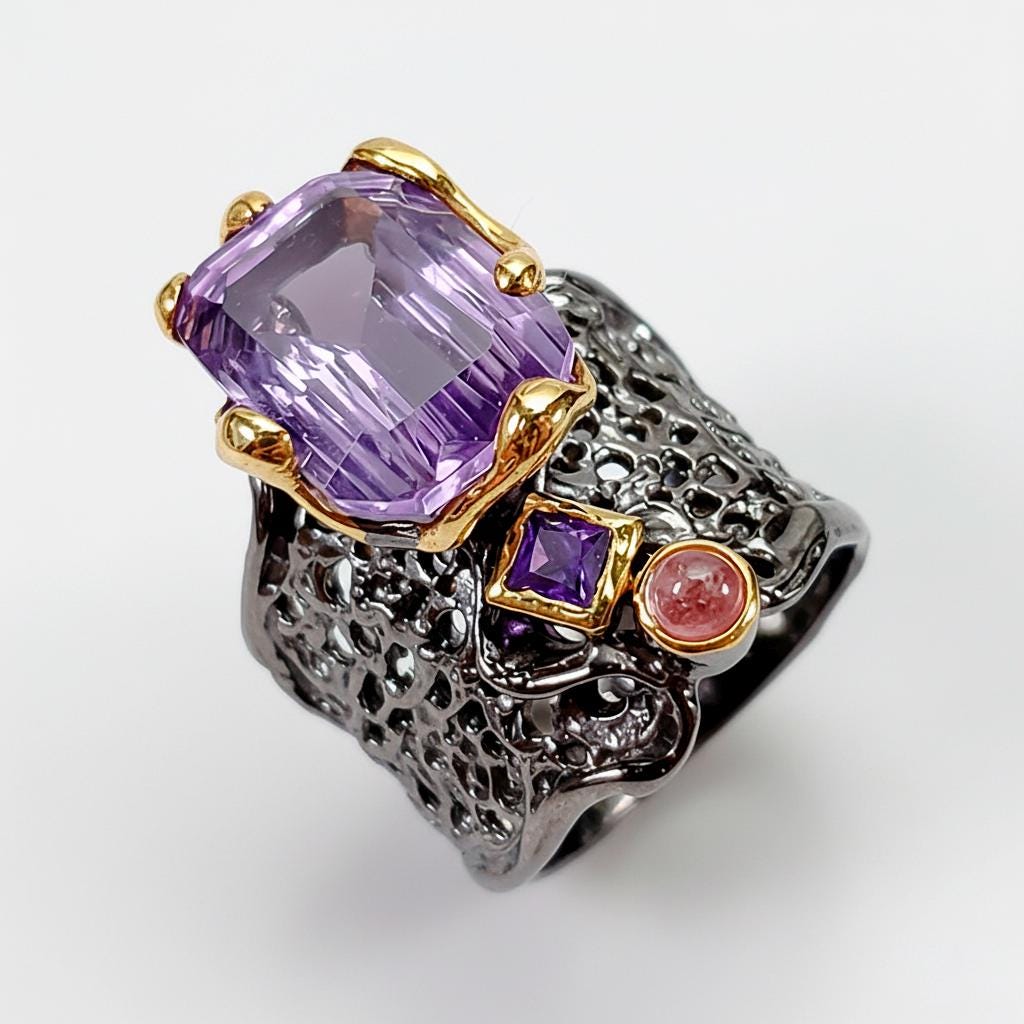 925 Sterling Silver Amethyst Chunky Wide Ring