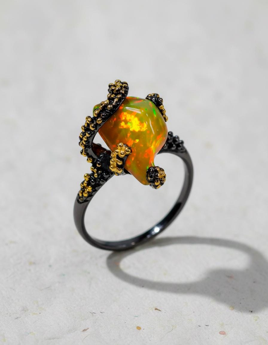 925 Sterling Silver Raw Fire Opal Octopus Ring