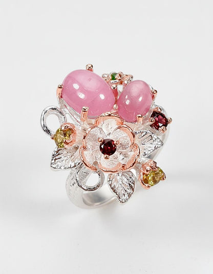 925 Sterling Silver Pink Ruby Flower Fantasy Ring