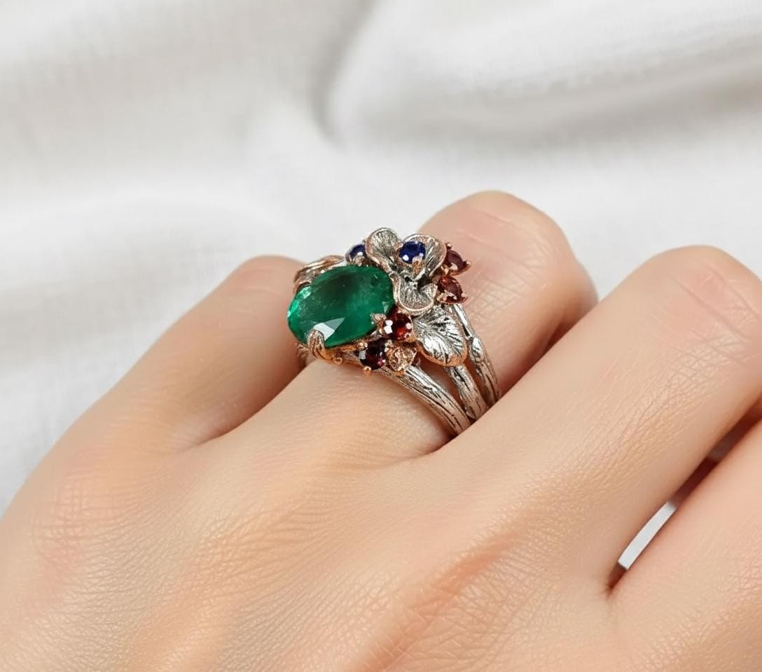 925 Sterling Silver Emerald Nature Ring