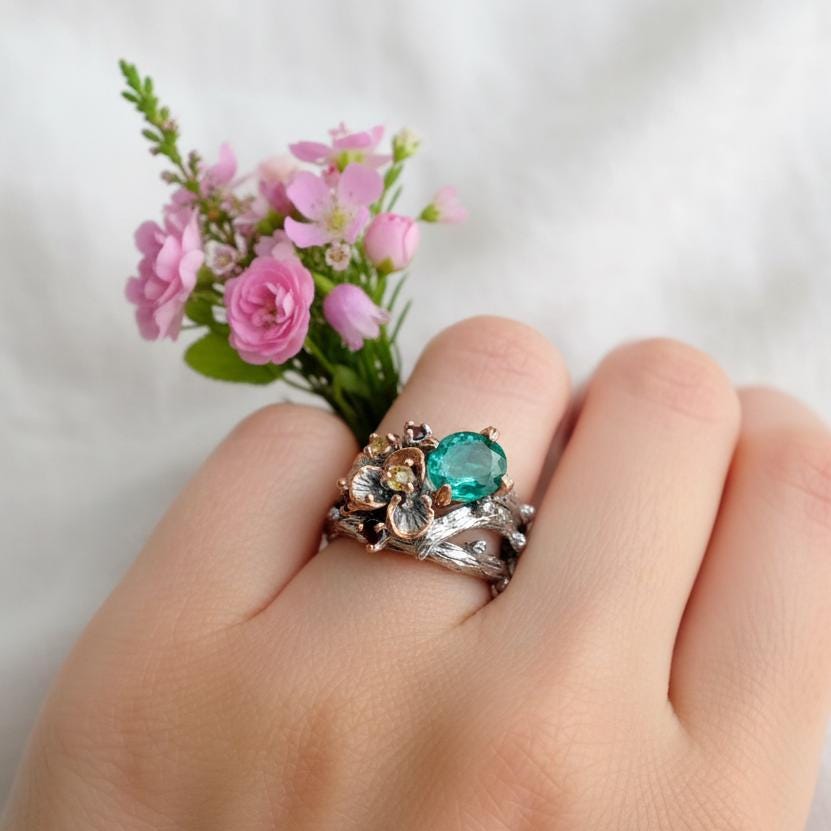 925 Sterling Silver Emerald Nature Ring
