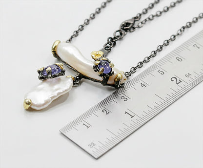 925 Sterling Silver Freshwater Pearl Pencil Bar Necklace