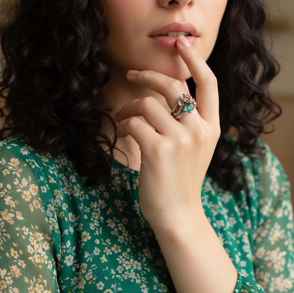 925 Sterling Silver Emerald Nature Ring