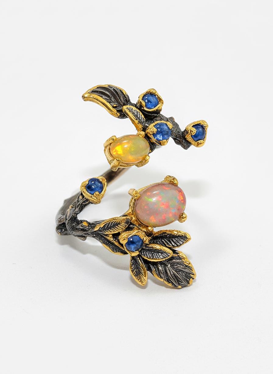 925 sterling silver fire opal black branch ring