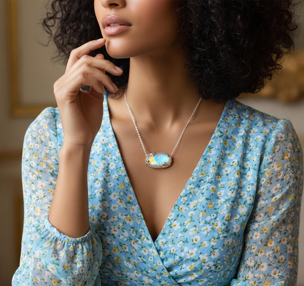 925 Sterling Silver Moonstone Rainbow Necklace