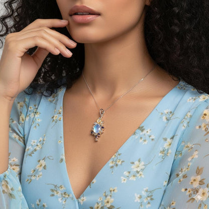 925 Sterling Silver Moonstone Floral Pendant