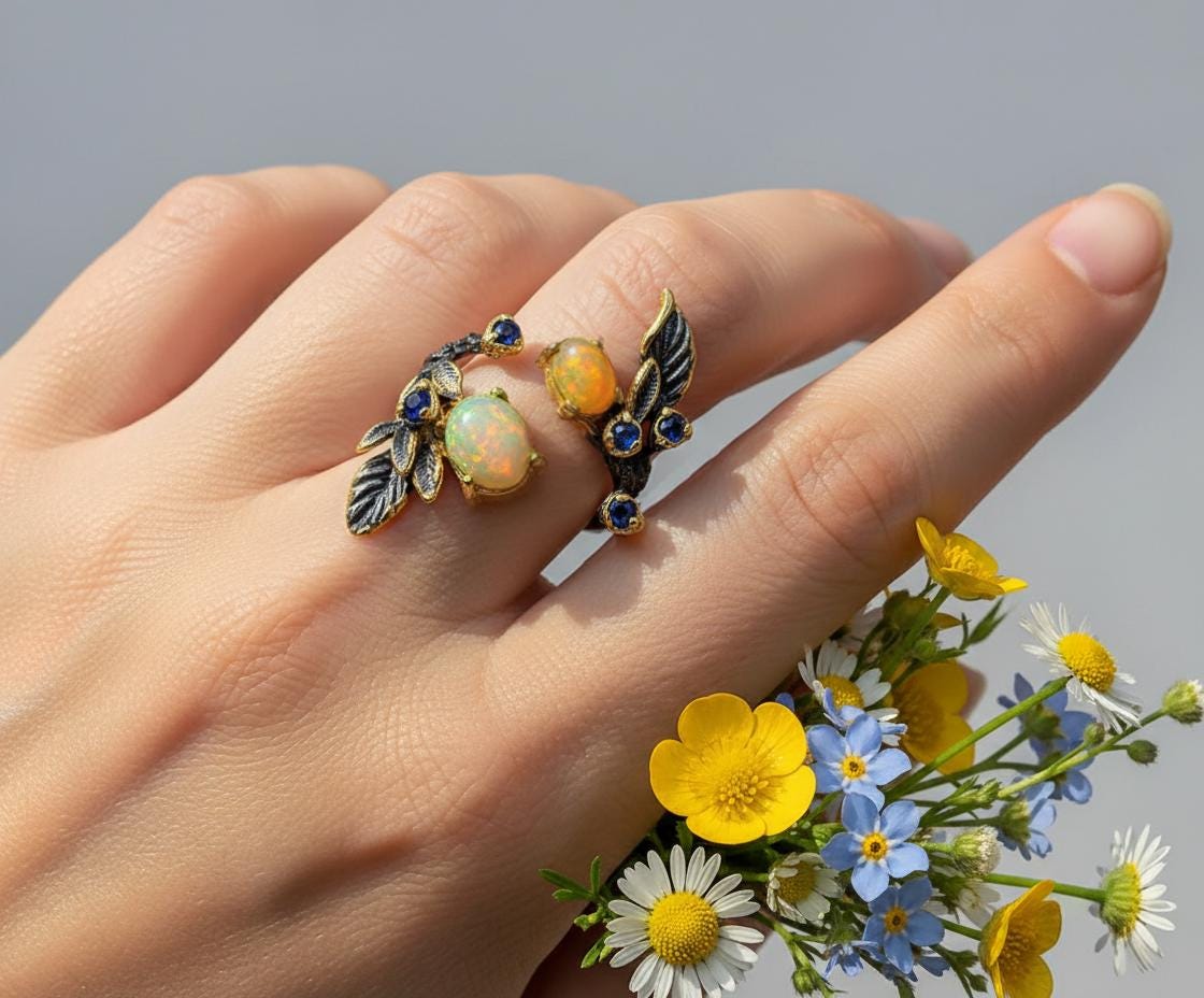 925 sterling silver fire opal black branch ring