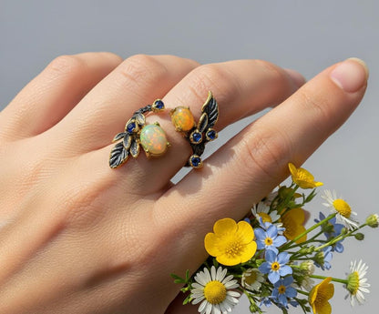 925 sterling silver fire opal black branch ring