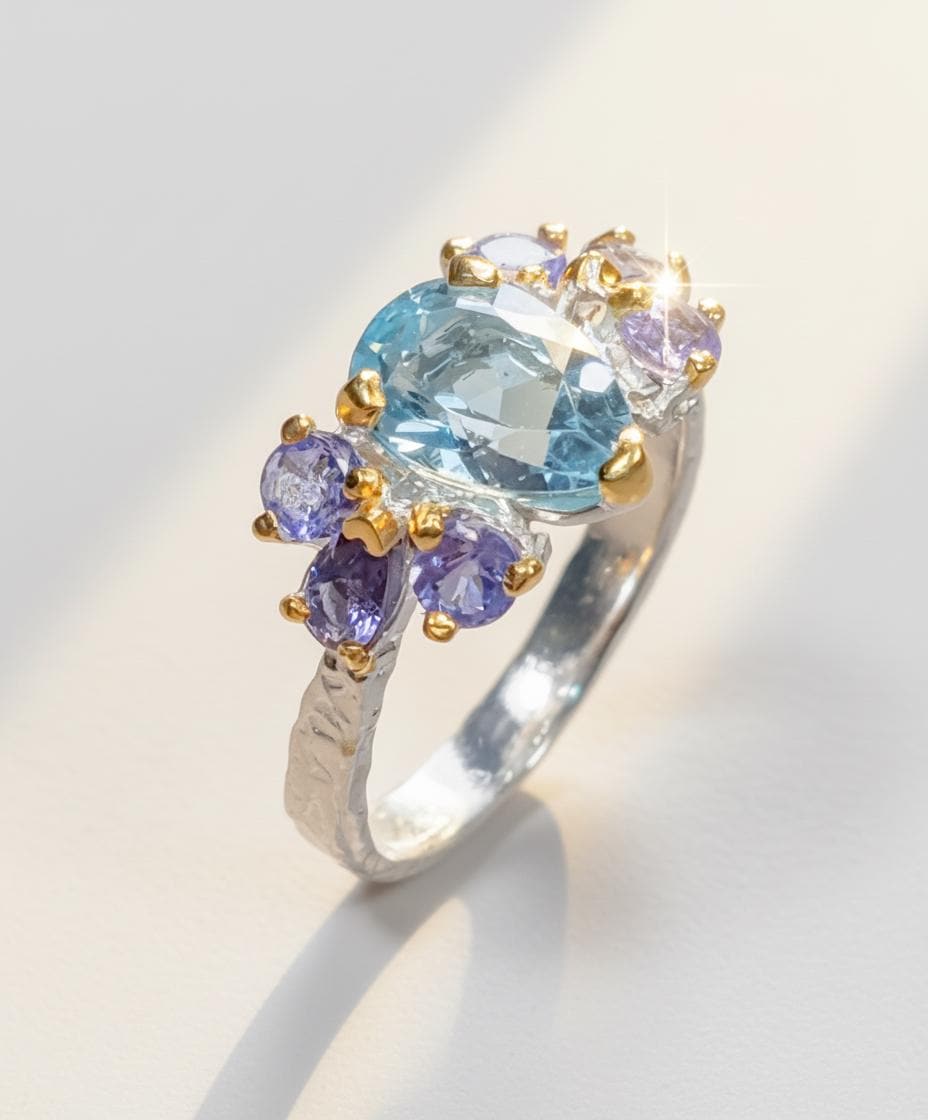 925 Sterling Silver Blue Topaz Hammered Rings