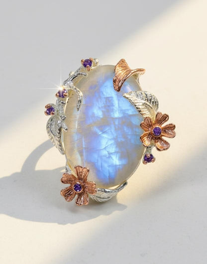 925 Sterling Silver Rainbow Moonstone Flower Ring