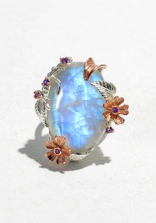 925 Sterling Silver Rainbow Moonstone Flower Ring