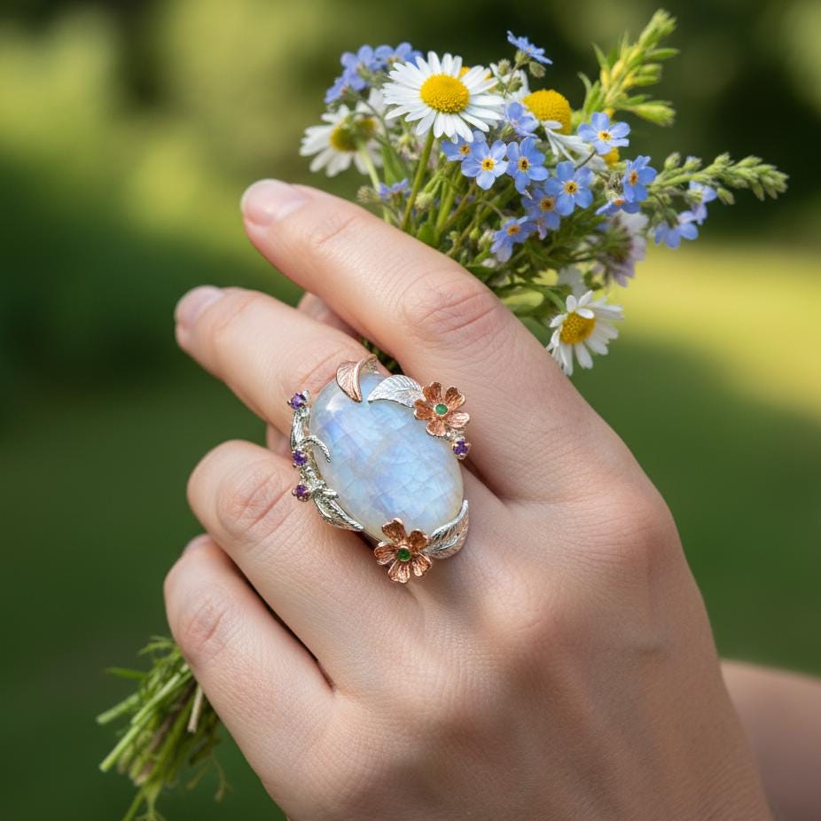 925 Sterling Silver Rainbow Moonstone Flower Ring