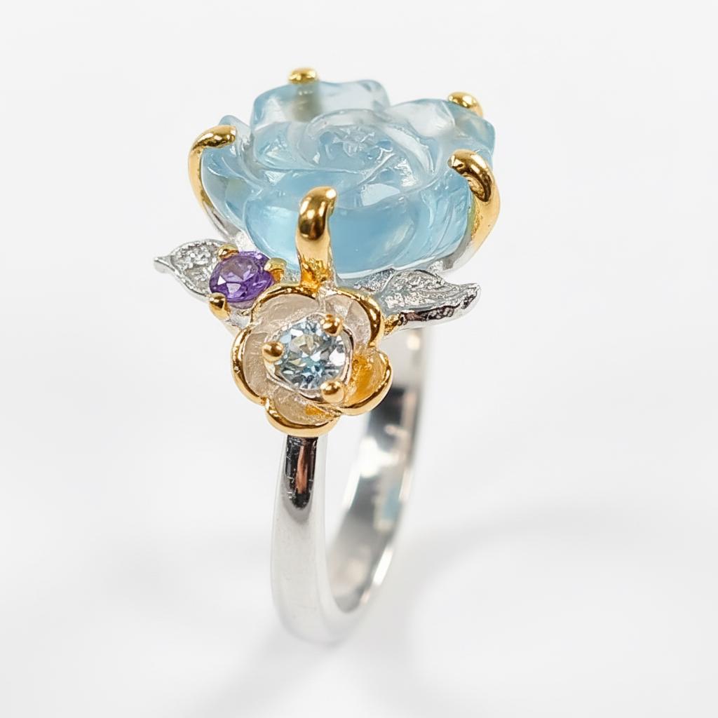 925 Sterling Silver Aquamarine Rose Promise Ring