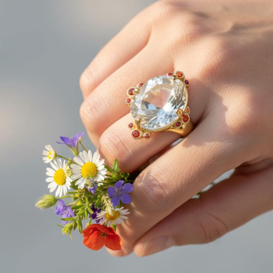 925 sterling silver white quartz herkimer ring