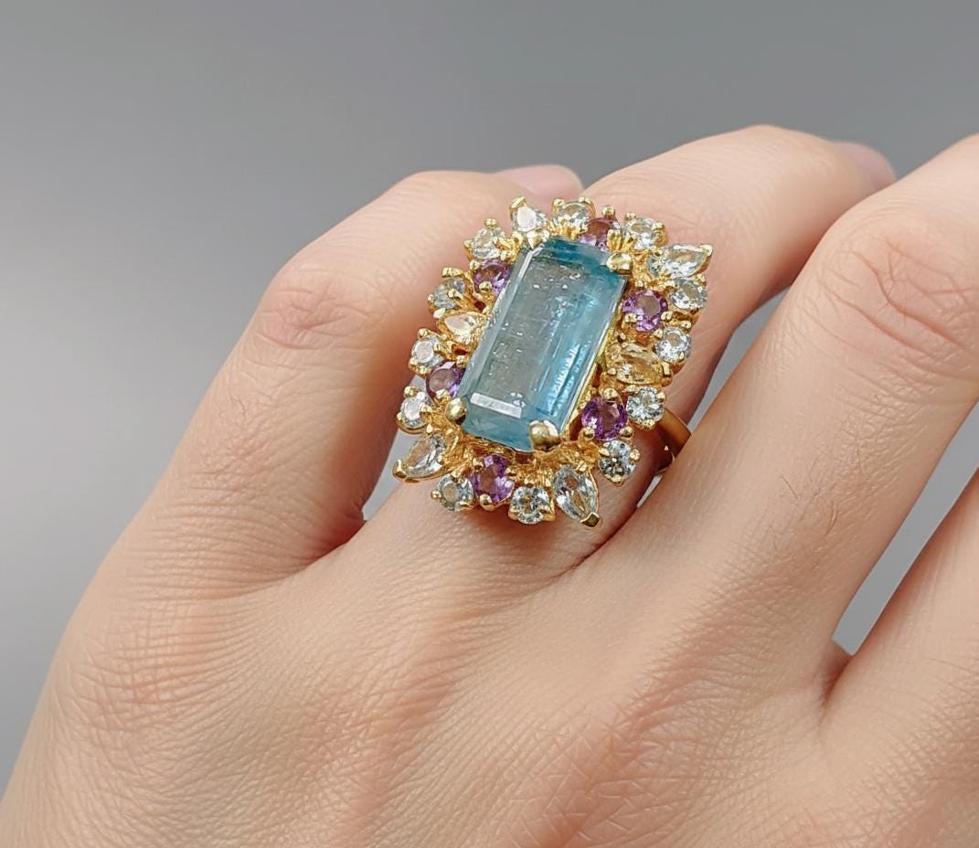 925 Sterling Silver Blue Kyanite Emerald Cut Ring