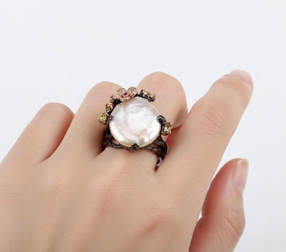 925 Sterling Silver Baroque Pearl Ring, worn on hand