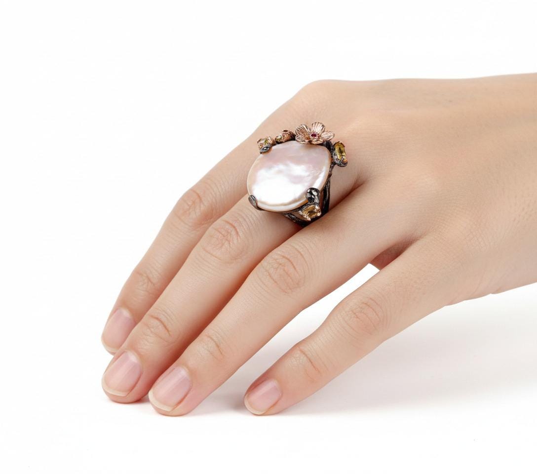 925 Sterling Silver Baroque Pearl Ring, close-up detail