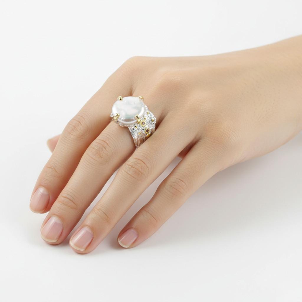 925 Sterling Silver Baroque Pearl Wide Ring