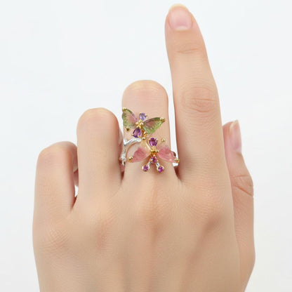925 Sterling Silver Butterfly Tourmaline Ring