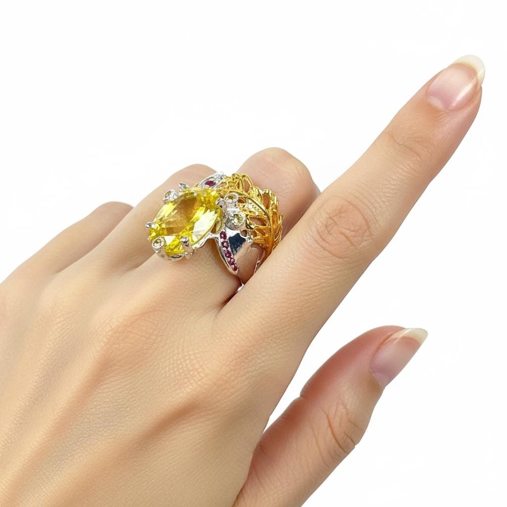 925 sterling silver lemon quartz nature ring