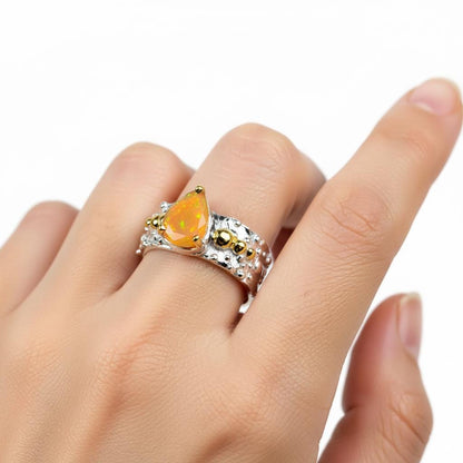 925 sterling silver orange opal wide band ring