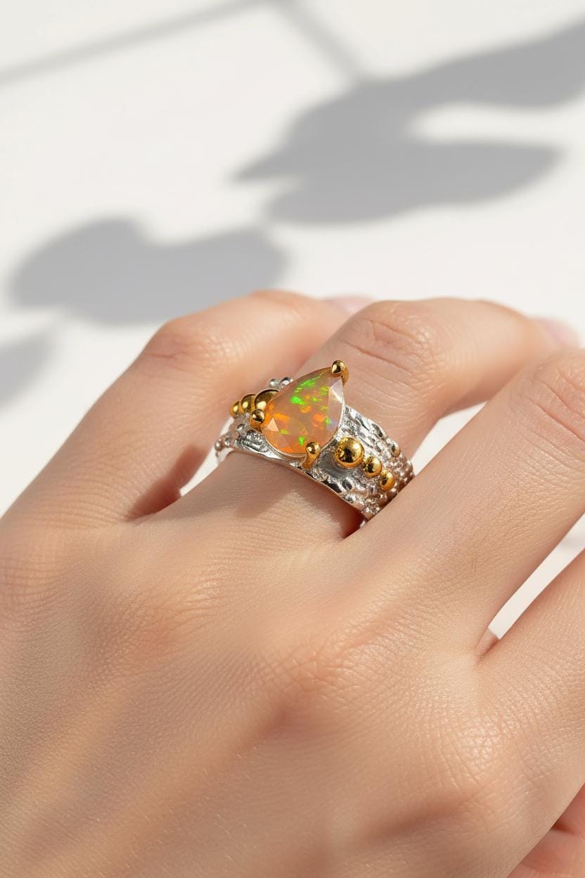 925 sterling silver orange opal wide band ring