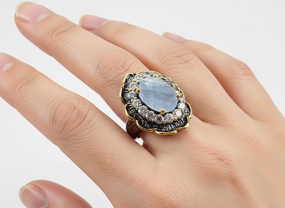 925 sterling silver blue aquamarine branch ring