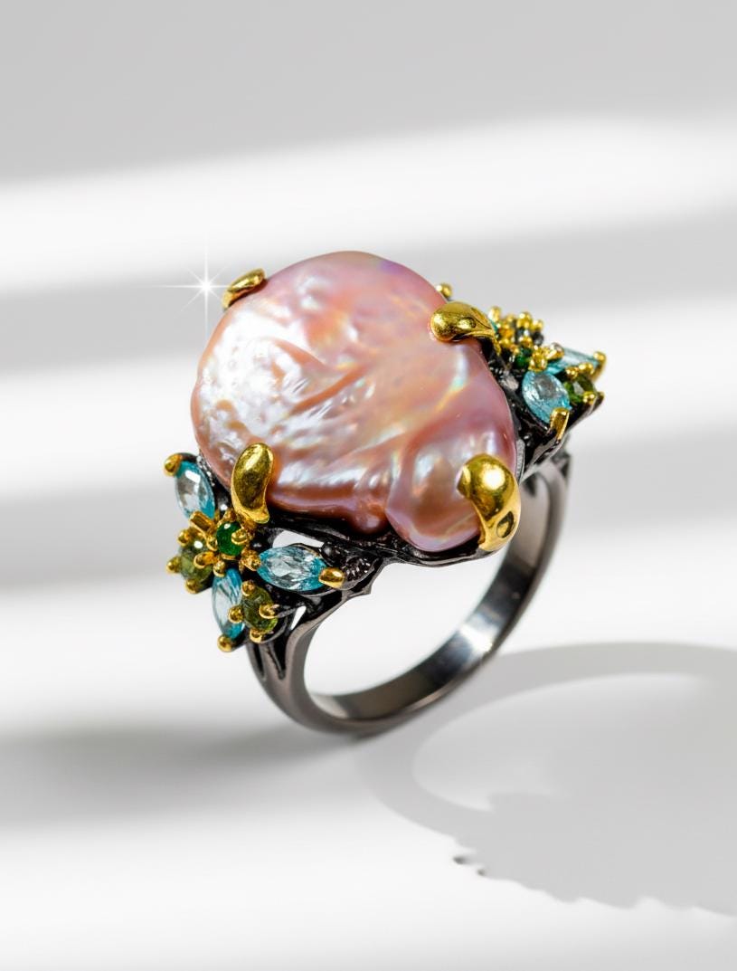 925 Sterling Silver Peach Pearl Ring, worn look
