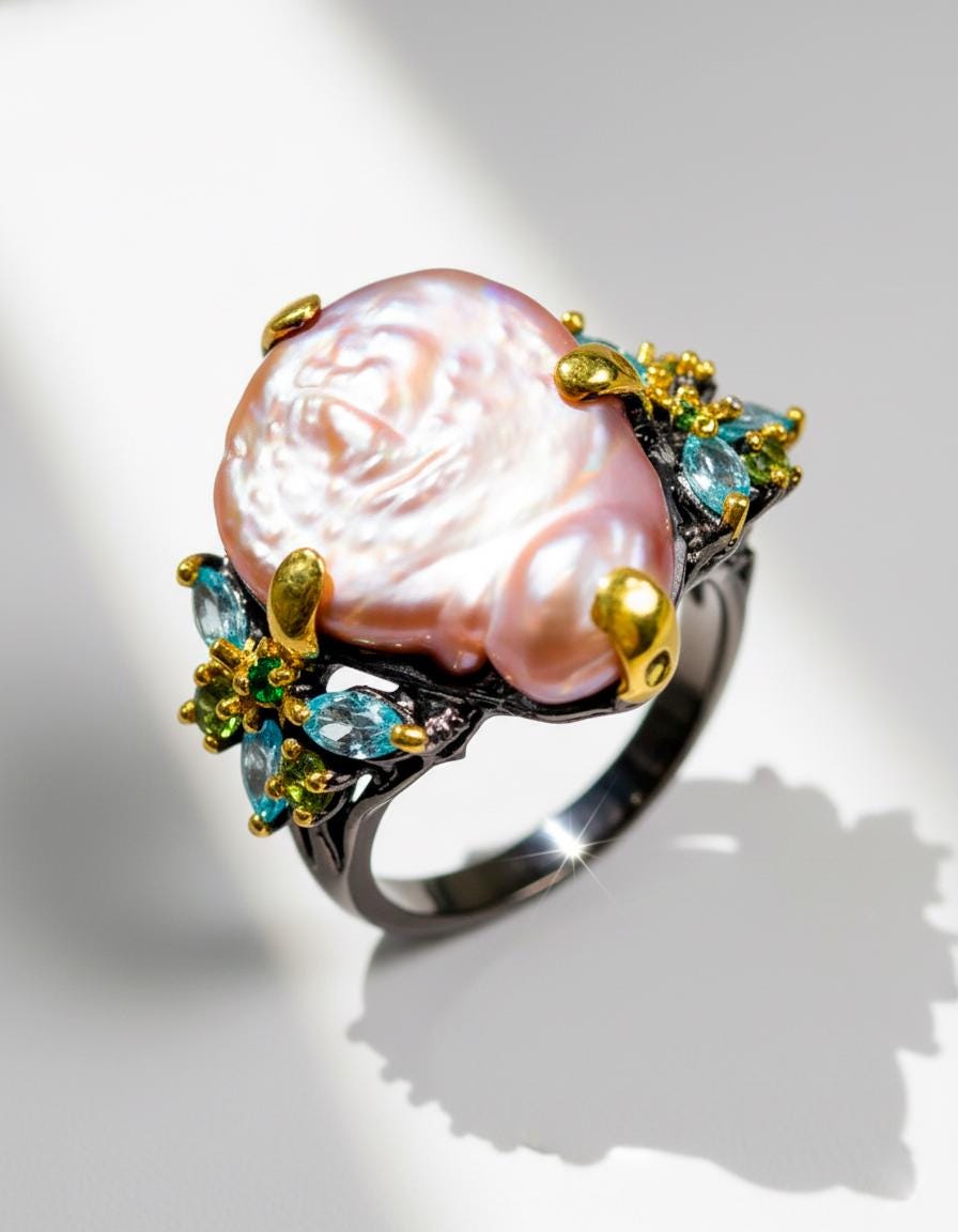 925 Sterling Silver Peach Pearl Ring, setting detail