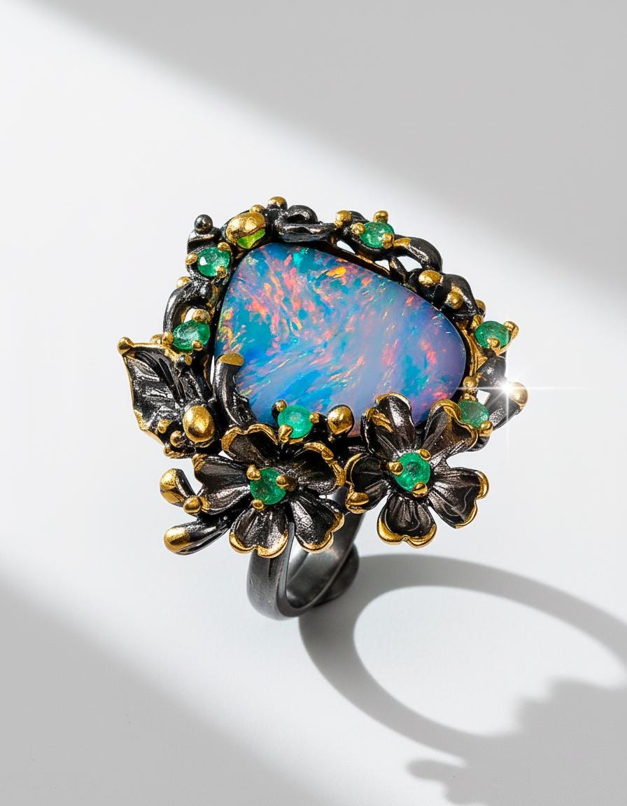 925 Sterling Silver Australian Opal Flower Ring