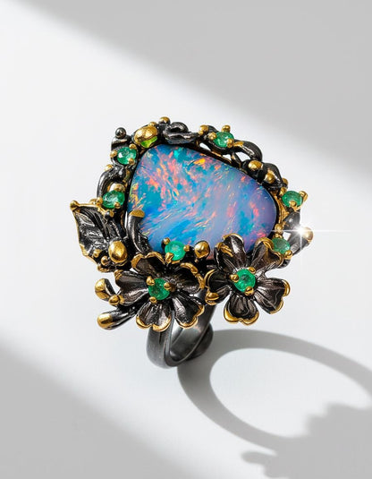 925 Sterling Silver Australian Opal Flower Ring
