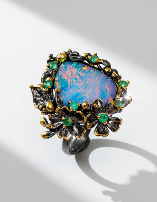 925 Sterling Silver Australian Opal Flower Ring